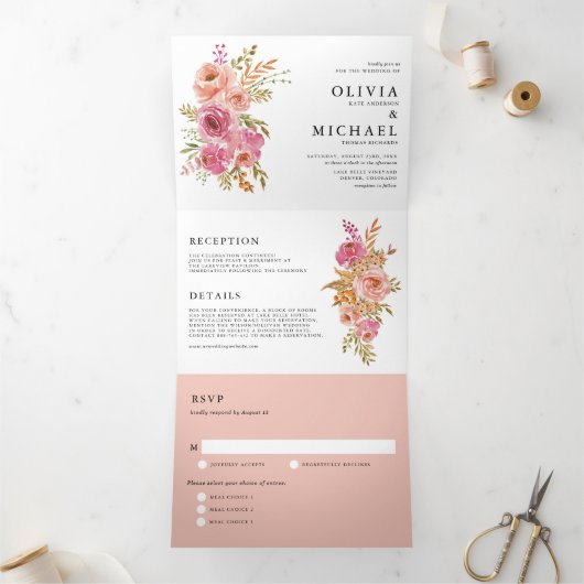 Orangefarbene und rosafarbene Blume Herbst Hochzei Dreifach Gefaltete Einladung (Innenseite)