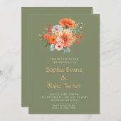 Orangefarbene und rosafarbene Bouquet Grüne Hochze Einladung (Vorne/Hinten)