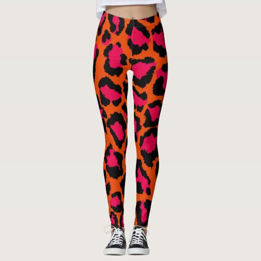 Orangefarbene und rosafarbene Leopardrucke Legging Leggings (Vorderseite)