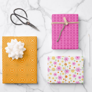 Orangefarbene und rosafarbene Streifen farbenfroh  Geschenkpapier Set