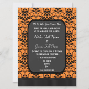 Orangefarbene und schwarze Damastenhochzeit Einladung