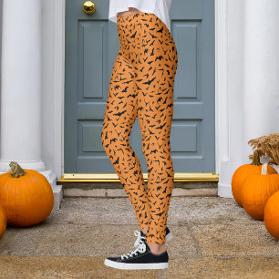 Orangefarbene und schwarze Halloween-Fledermaus Leggings