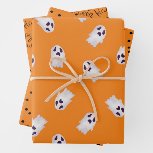Orangefarbene und schwarze Halloween-Geister Geschenkpapier Set (Beispiel)
