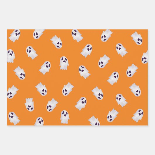 Orangefarbene und schwarze Halloween-Geister Geschenkpapier Set (Vorderseite)