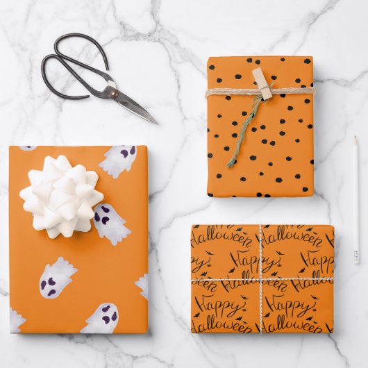 Orangefarbene und schwarze Halloween-Geister Geschenkpapier Set (Vorderseite)