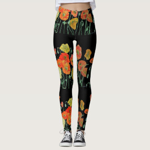 Orangefarbene und schwarze Mohnblüte Leggings