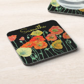 Orangefarbene und schwarze Pflaumen Kunst Rot-Gelb Getränkeuntersetzer (Linke Seite)