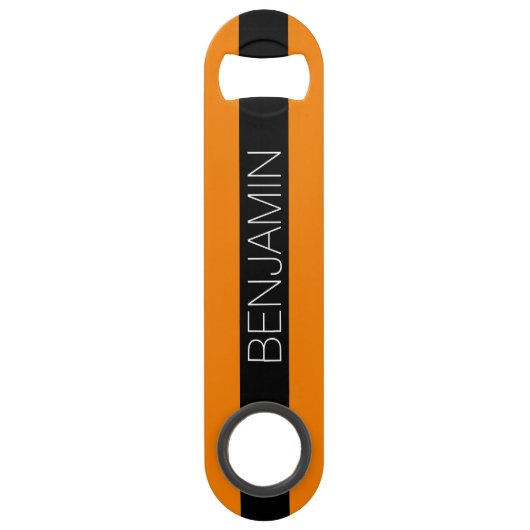 Orangefarbene und schwarze Rugby Streifen mit Indi Speedflaschenöffner (Vorderseite)