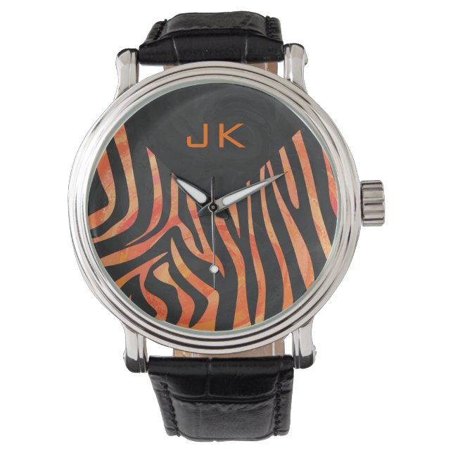 Orangefarbene und schwarze Zebra-Monogramm Armbanduhr (Vorderseite)