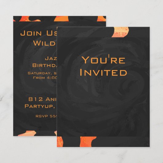 Orangefarbene und schwarze Zebra-Monogramm Einladung (Vorne/Hinten)