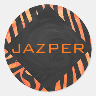 Orangefarbene und schwarze Zebra-Monogramm Runder Aufkleber