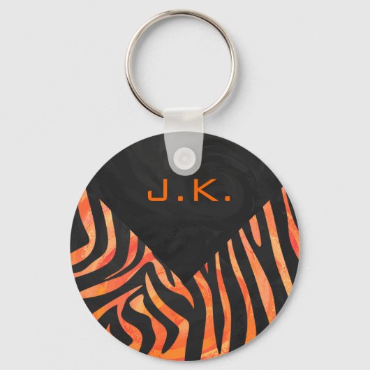 Orangefarbene und schwarze Zebra-Monogramm Schlüsselanhänger (Vorderseite)