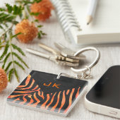 Orangefarbene und schwarze Zebra-Monogramm Schlüsselanhänger (Vorderseite rechts)