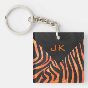 Orangefarbene und schwarze Zebra-Monogramm Schlüsselanhänger
