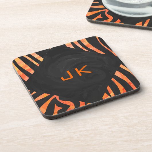 Orangefarbene und schwarze Zebra-Monogramm Untersetzer (Linke Seite)