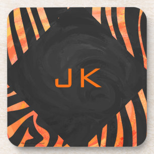 Orangefarbene und schwarze Zebra-Monogramm Untersetzer