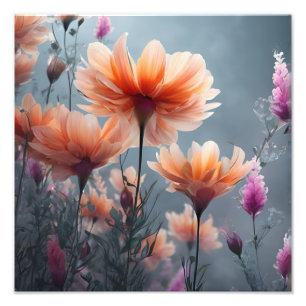 Orangefarbene und violette Blumen auf einem Feld Fotodruck