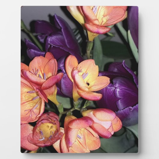 Orangefarbene und violette Blumen Fotoplatte (Vorderseite)