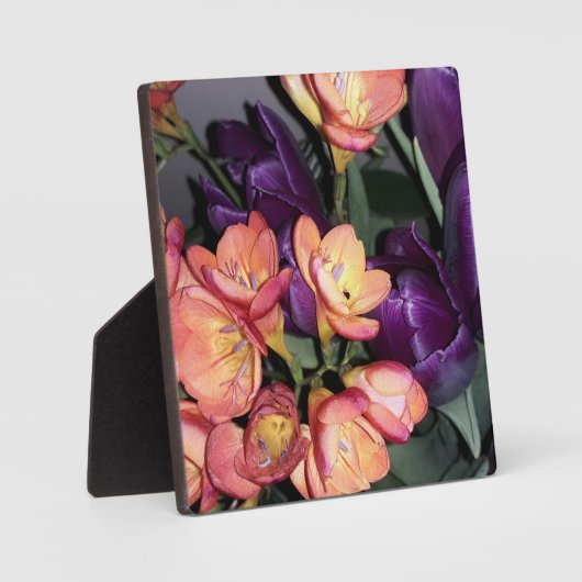 Orangefarbene und violette Blumen Fotoplatte (Vorderseite)