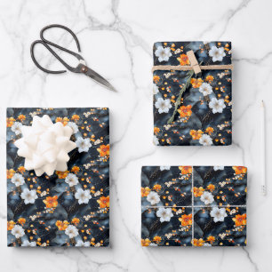 Orangefarbene und weiße Blume auf Marmor Geschenkpapier Set