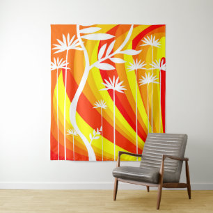 Orangefarbene und weiße botanische Illustration Wandteppich