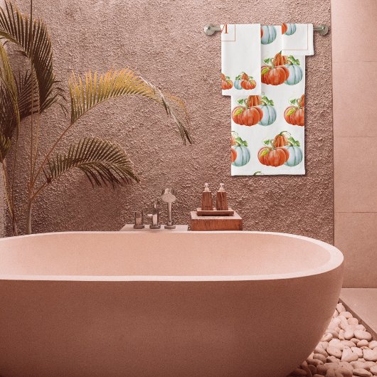 Orangefarbene und weiße Kürbis fallen Erntedank Badhandtuch Set