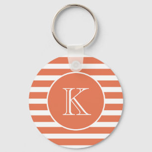 Orangefarbene und weiße Streifen mit Monogramm Schlüsselanhänger