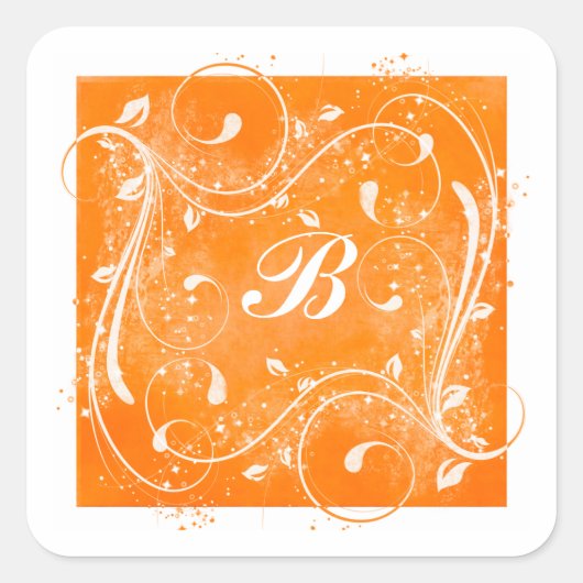 Orangefarbene und weiße Wirbel 1,5" Mit Monogramm Quadratischer Aufkleber (Vorderseite)