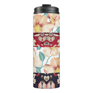 Orangefarbene Vintage Blume mit nahtlosem Pisleybo Thermosbecher