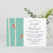 Orangefarbene Vögel auf Birkenbaum-Illustration Ho Einladung (Stehend Vorderseite)