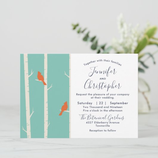 Orangefarbene Vögel auf Birkenbaum-Illustration Ho Einladung (Stehend Vorderseite)