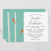 Orangefarbene Vögel auf Birkenbaum-Illustration Ho Einladung (Vorne/Hinten)