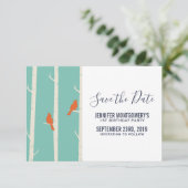 Orangefarbene Vögel auf der Illustration zum Vogel Save The Date (Stehend Vorderseite)