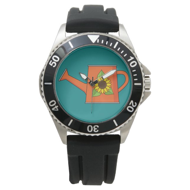 Orangefarbene Wasserdose mit Sonnenblumen Armbanduhr (Vorderseite)