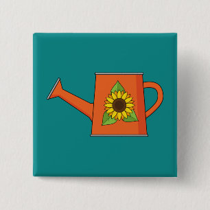 Orangefarbene Wasserdose mit Sonnenblumen Button