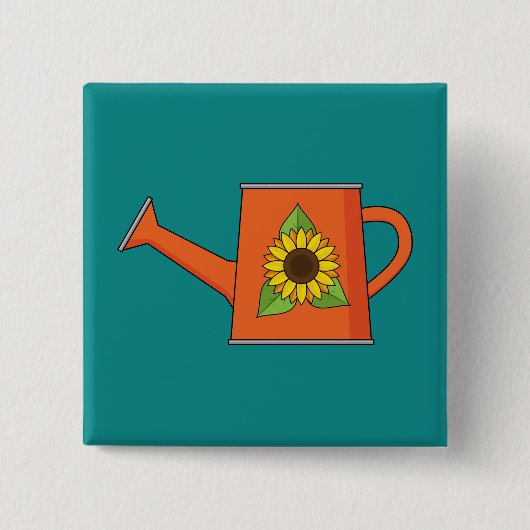 Orangefarbene Wasserdose mit Sonnenblumen Button (Vorderseite)