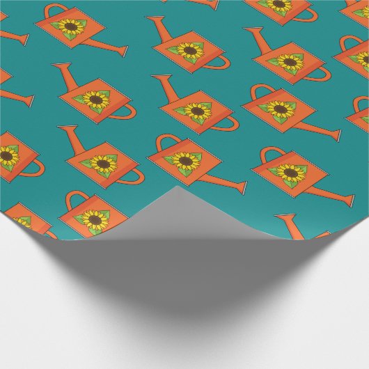 Orangefarbene Wasserdose mit Sonnenblumen Geschenkpapier (Ecke)