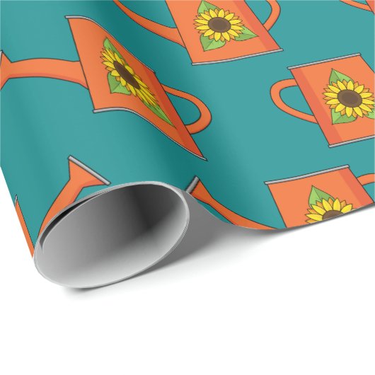 Orangefarbene Wasserdose mit Sonnenblumen Geschenkpapier (Rolleneckpunkt)