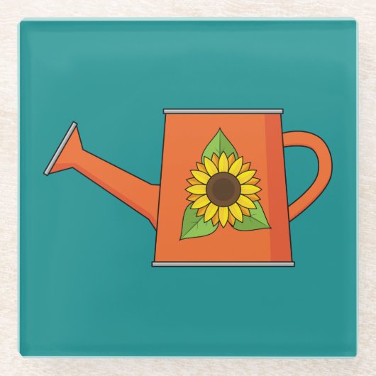 Orangefarbene Wasserdose mit Sonnenblumen Glasuntersetzer (Vorderseite)