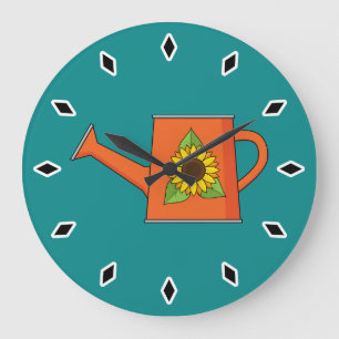 Orangefarbene Wasserdose mit Sonnenblumen Große Wanduhr