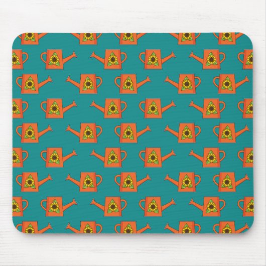 Orangefarbene Wasserdose mit Sonnenblumen Mousepad (Vorne)