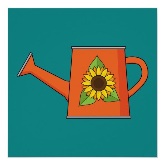 Orangefarbene Wasserdose mit Sonnenblumen Poster (Vorderseite)