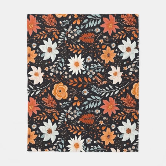 Orangefarbene weiße Blume Schwarz Fleecedecke (Vorderseite)