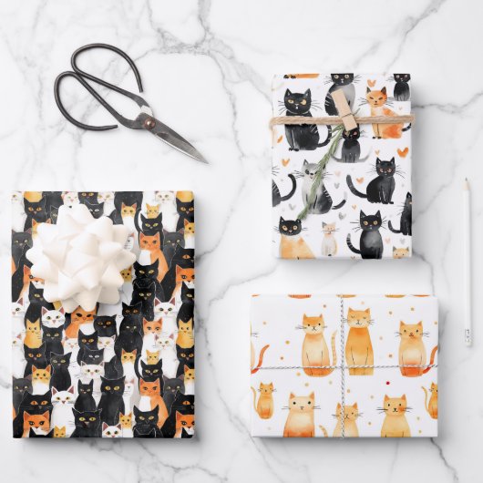 Orangefarbene weiße Katzen Mittlere Geschenktüte Geschenkpapier Set (Vorderseite)