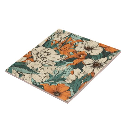 Orangefarbene, weiße und grüne hübsche Blumen Fliese (Seite)