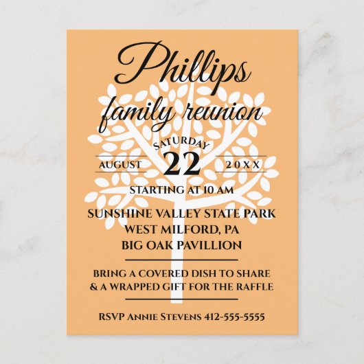 Orangefarbene Wiedersehen mit weißem Baum Einladungspostkarte (Vorderseite)