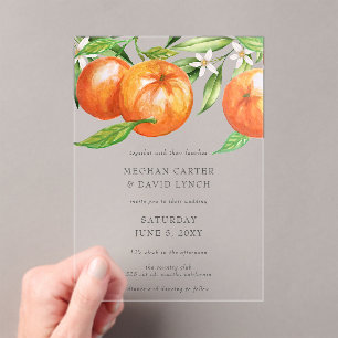 Orangefarbene Zitrusfrüchte Botanische Hochzeit Acryleinladungen