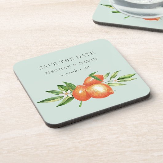 Orangefarbene Zitrusfrüchte Botanische Hochzeit Getränkeuntersetzer (Linke Seite)