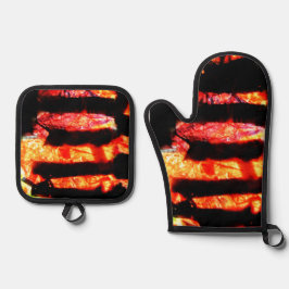 Orangefarbener abstrakter Topfhalter und Ofenlauge Ofenhandschuh & Topflappen-Set