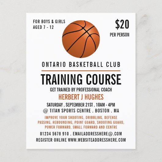 Orangefarbener Basketball, Basketballtrainingskurs Flyer (Vorne)